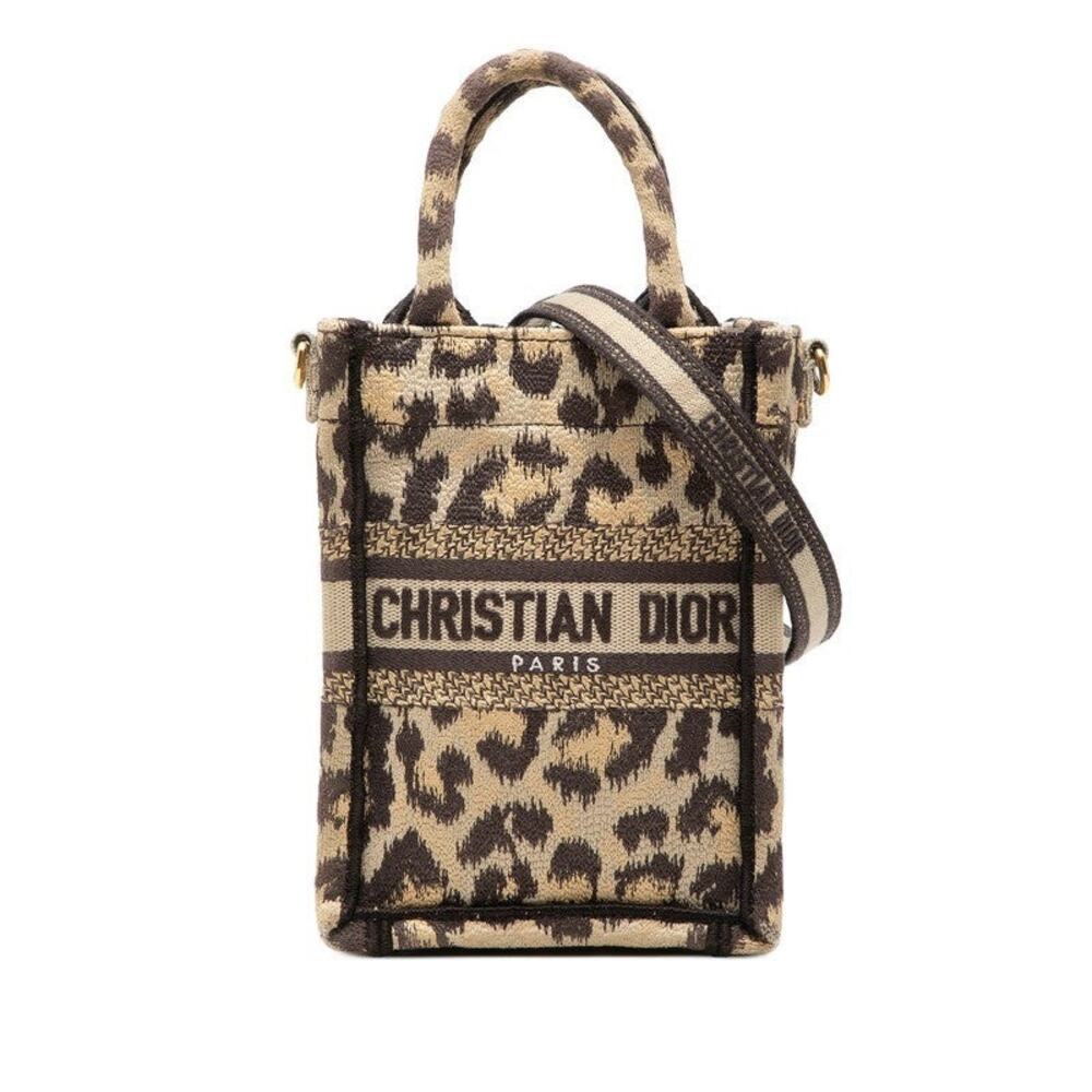 Dior Leopard Book Tote Vertical Mini Canvas Handbag Beige